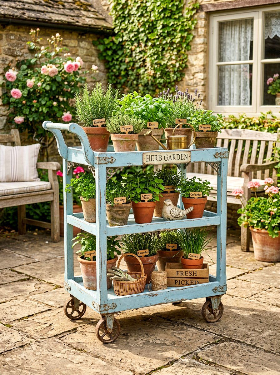 Shabby Chic Herb Cart - 30 herb garden corner ideas