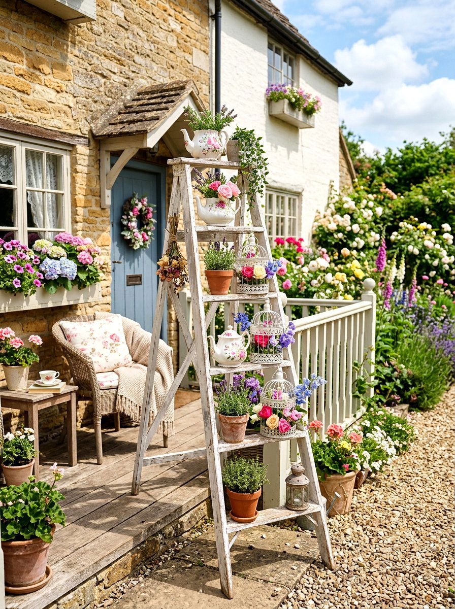Shabby Chic Ladder Decor - 30 repurposed ladder garden ideas