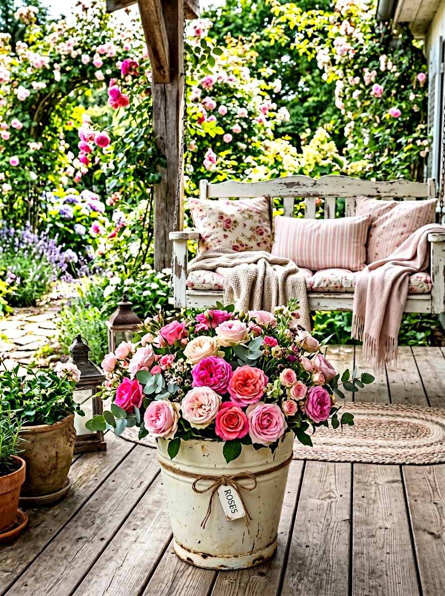 Shabby Chic Rose Bucket - 30 porch rose planter ideas