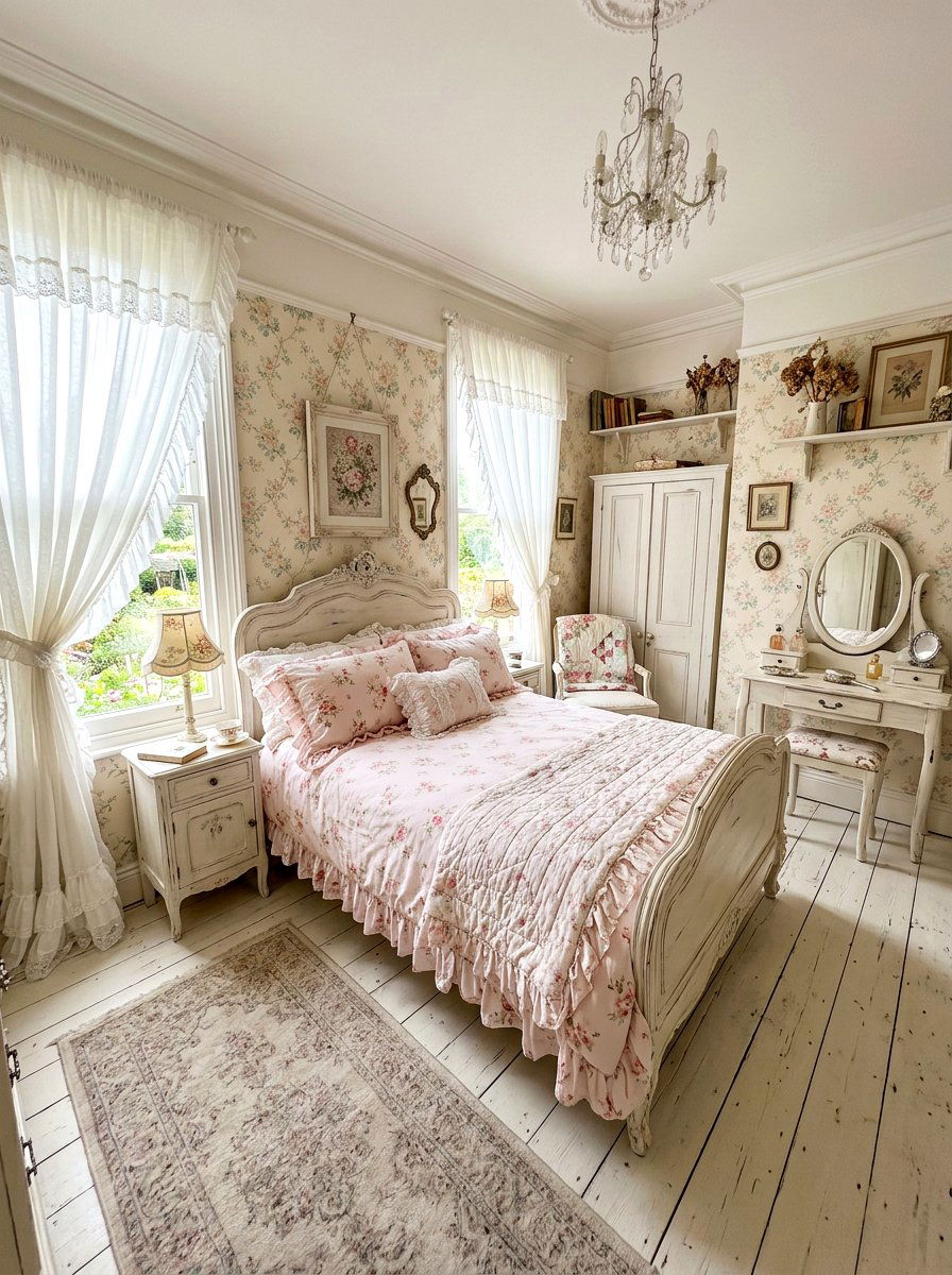 Shabby Chic Ruffled Floral Bedding - 30 floral bedding aesthetic ideas