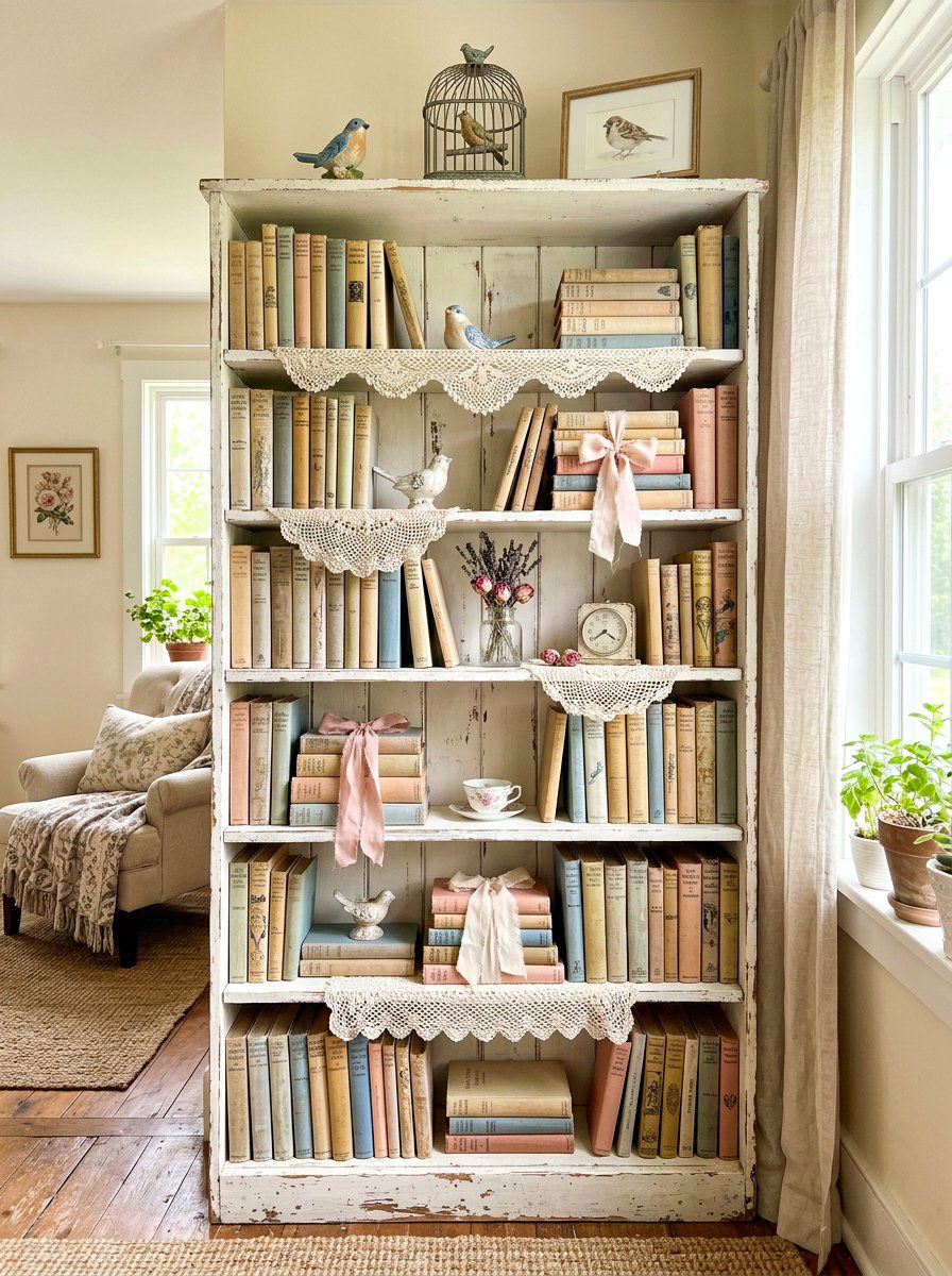 Shabby chic bookshelf - 30 bookshelf spring styling ideas