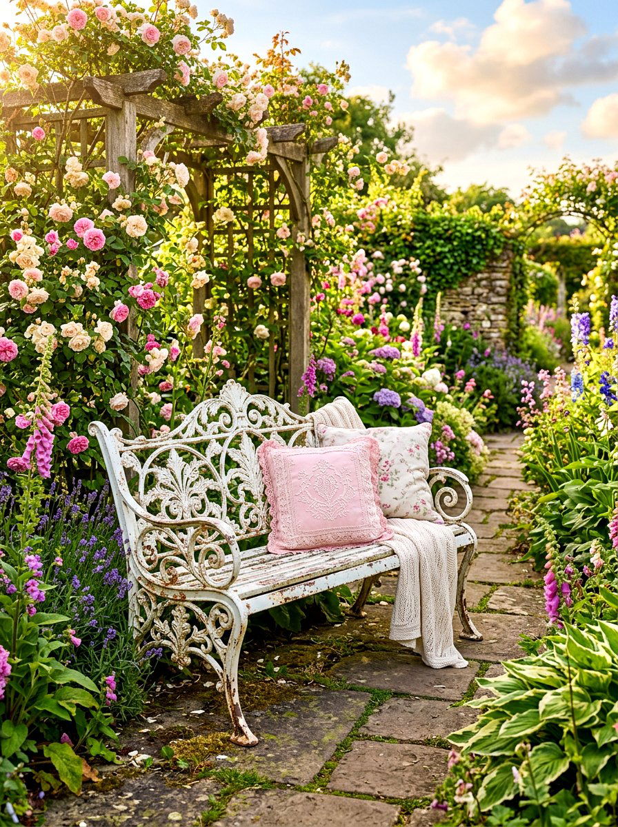 Shabby chic garden bench - 30 front porch seating nook ideas