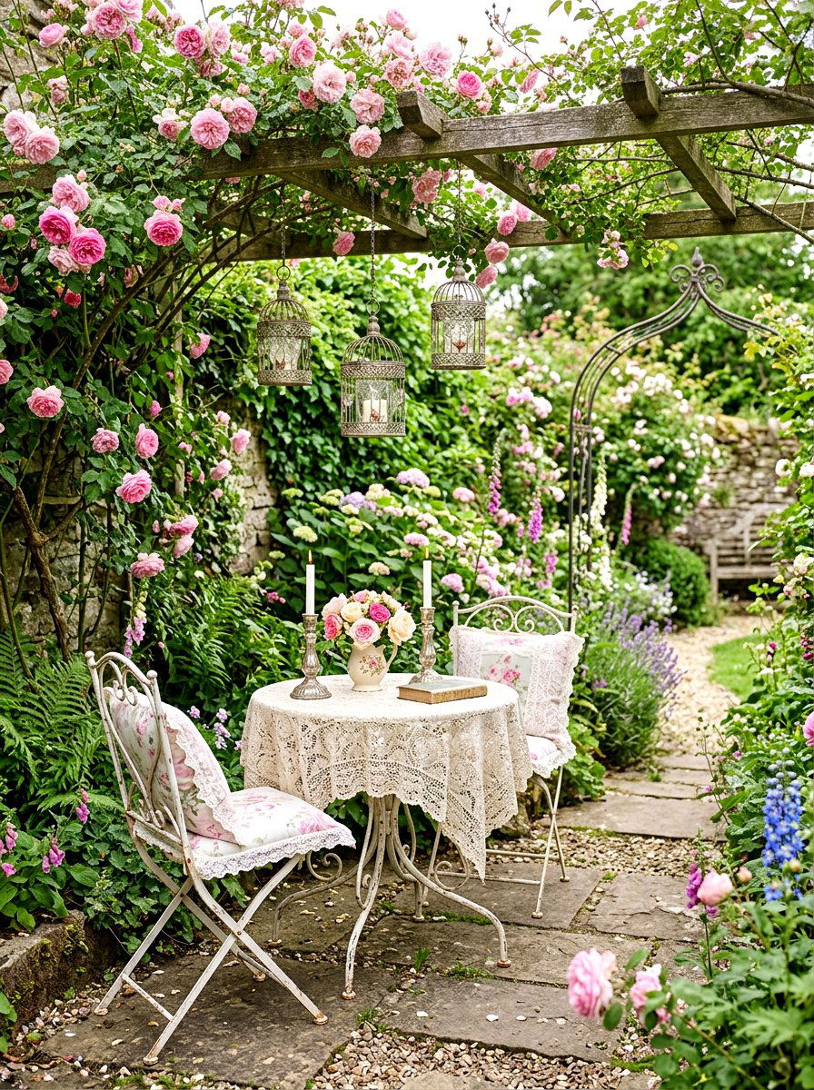 Shabby chic garden nook - 30 candlelit patio dinner ideas