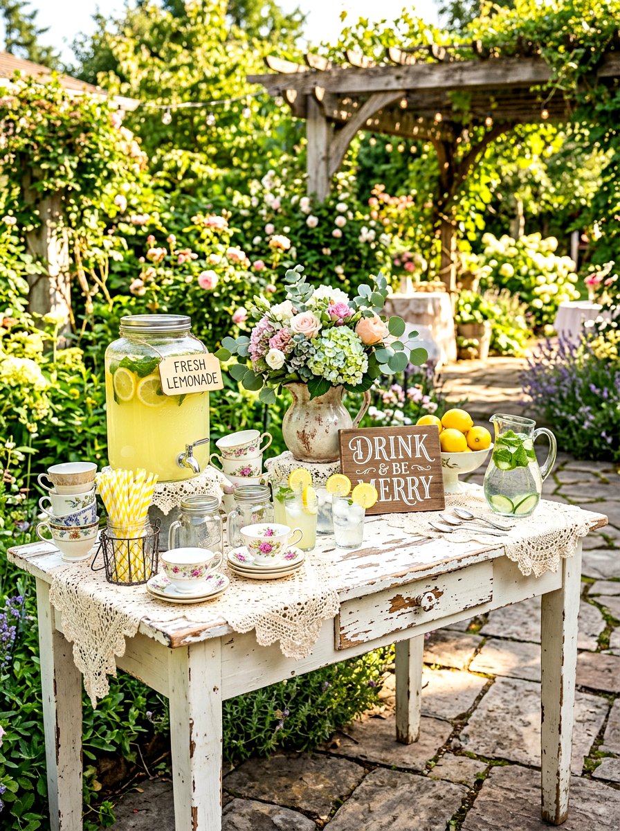 Shabby chic lemonade buffet - 30 lemonade patio party ideas