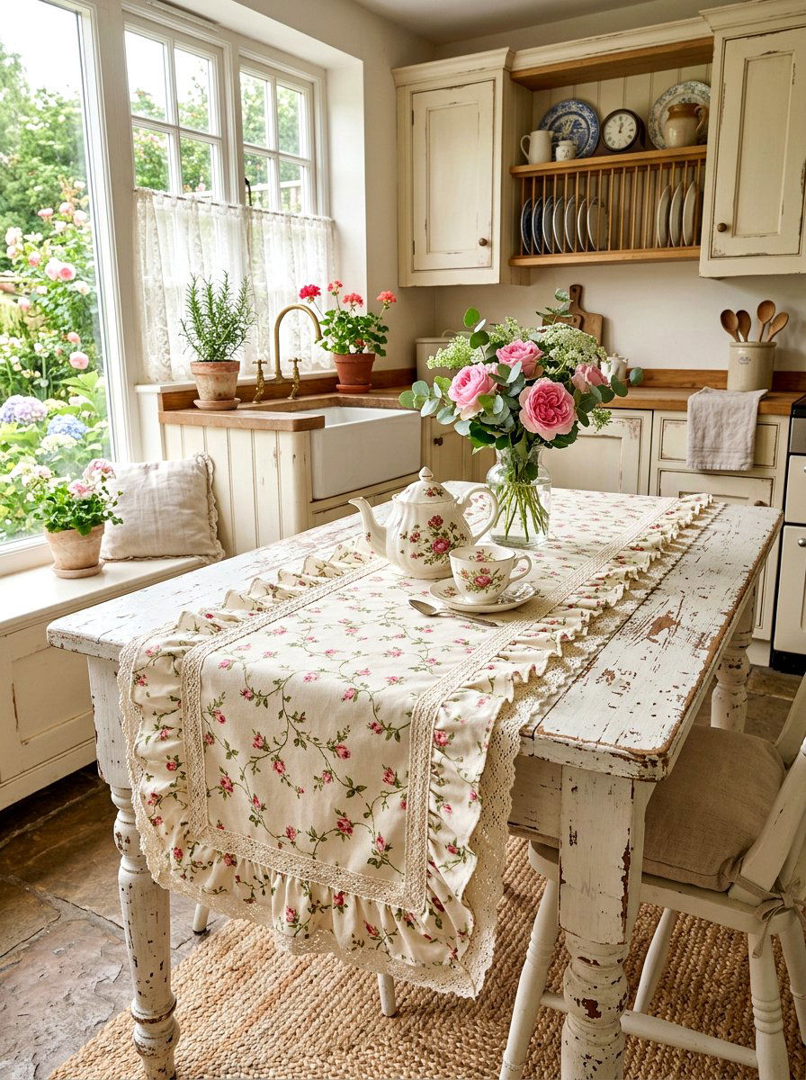 Shabby chic rosebud table runner - 30 floral table runner ideas