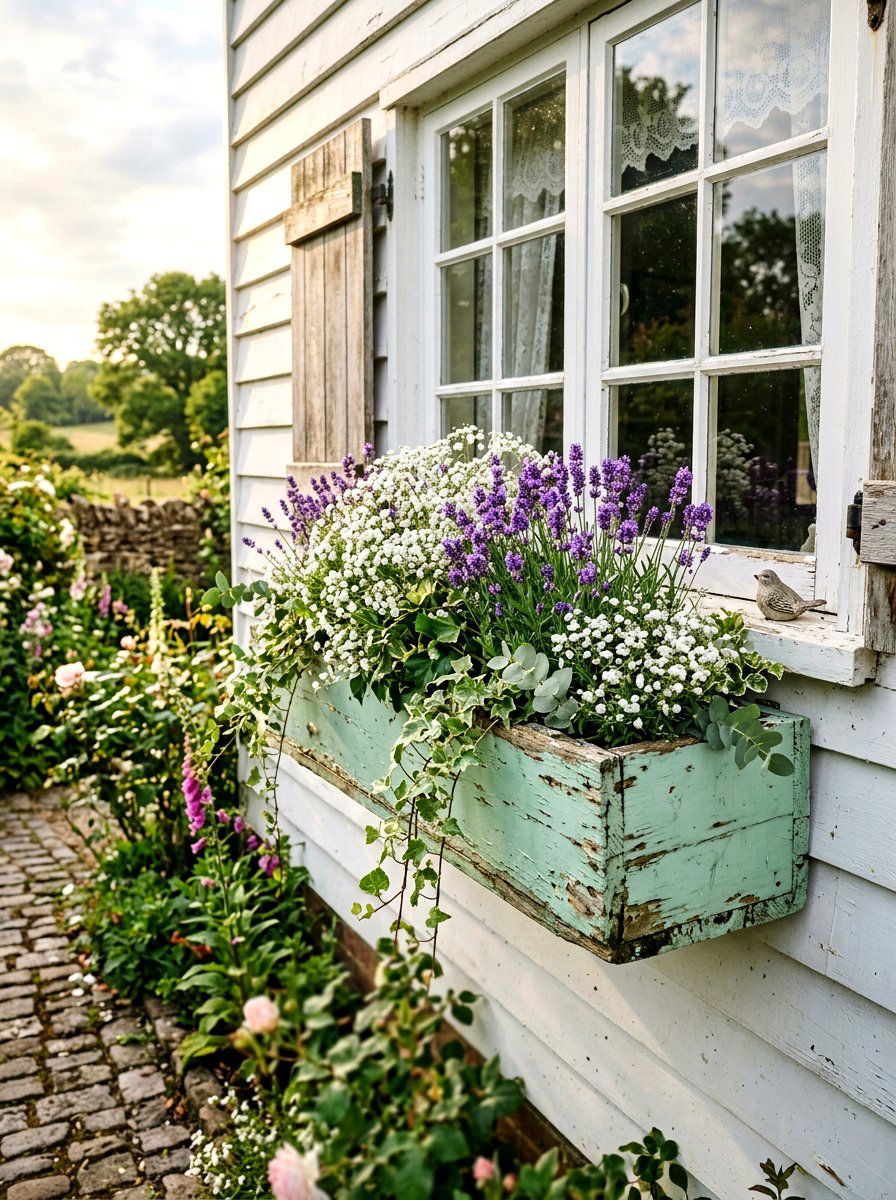 Shabby chic window box - 30 front window planter ideas