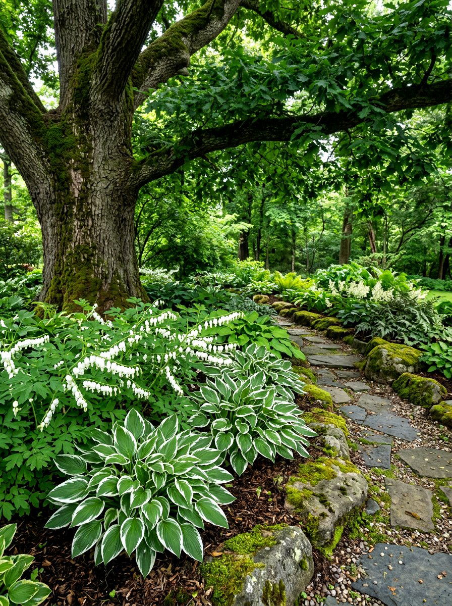 Shade Garden With White Hostas - 30 white bloom garden ideas