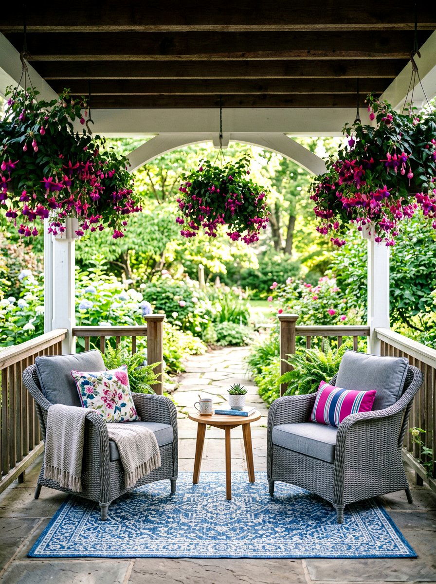 Shade fuchsia basket - 30 porch floral basket ideas