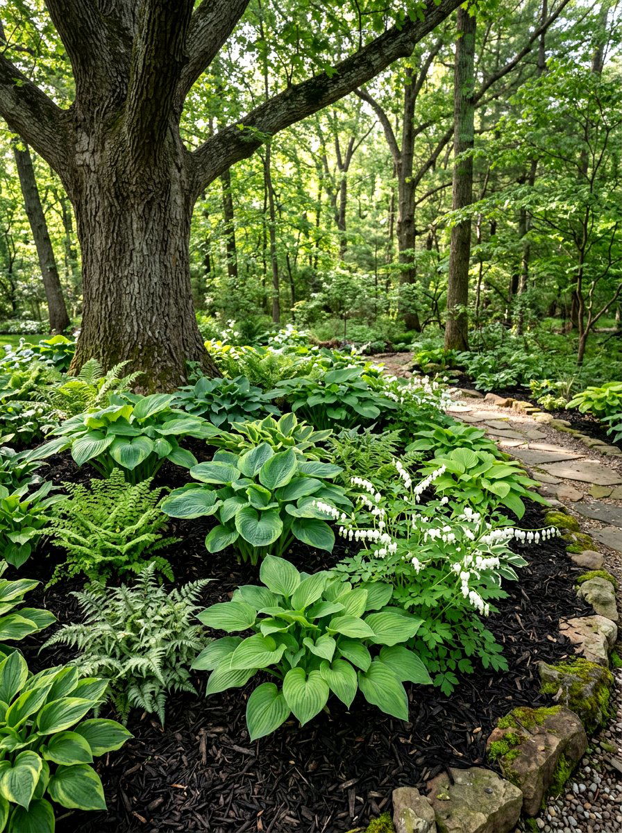 Shade garden under trees - 30 flower bed layout ideas