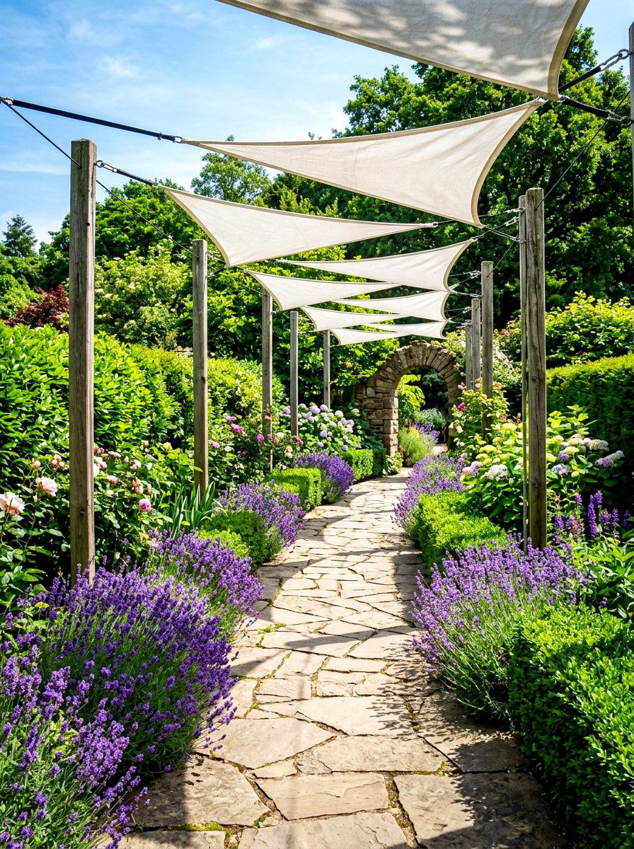 Shaded Garden Walkway Path - 30 sun sail patio ideas