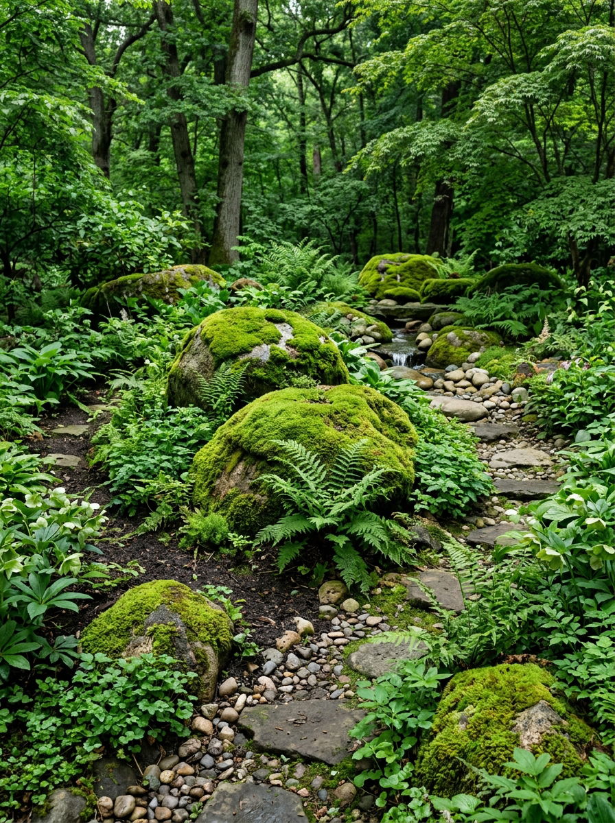 Shaded Moss and Rock Garden - 30 rock flower bed ideas