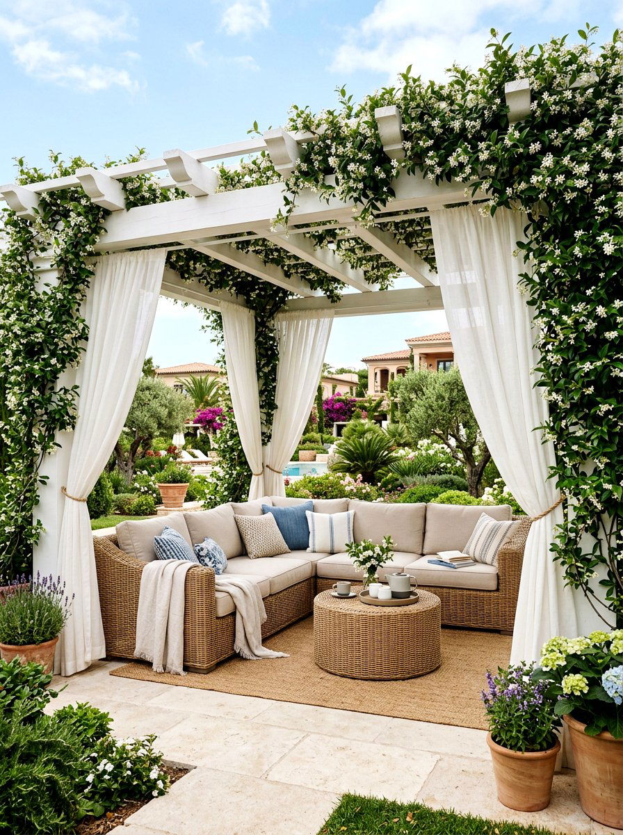 Shaded Pergola Tea Seating - 30 tea garden corner ideas