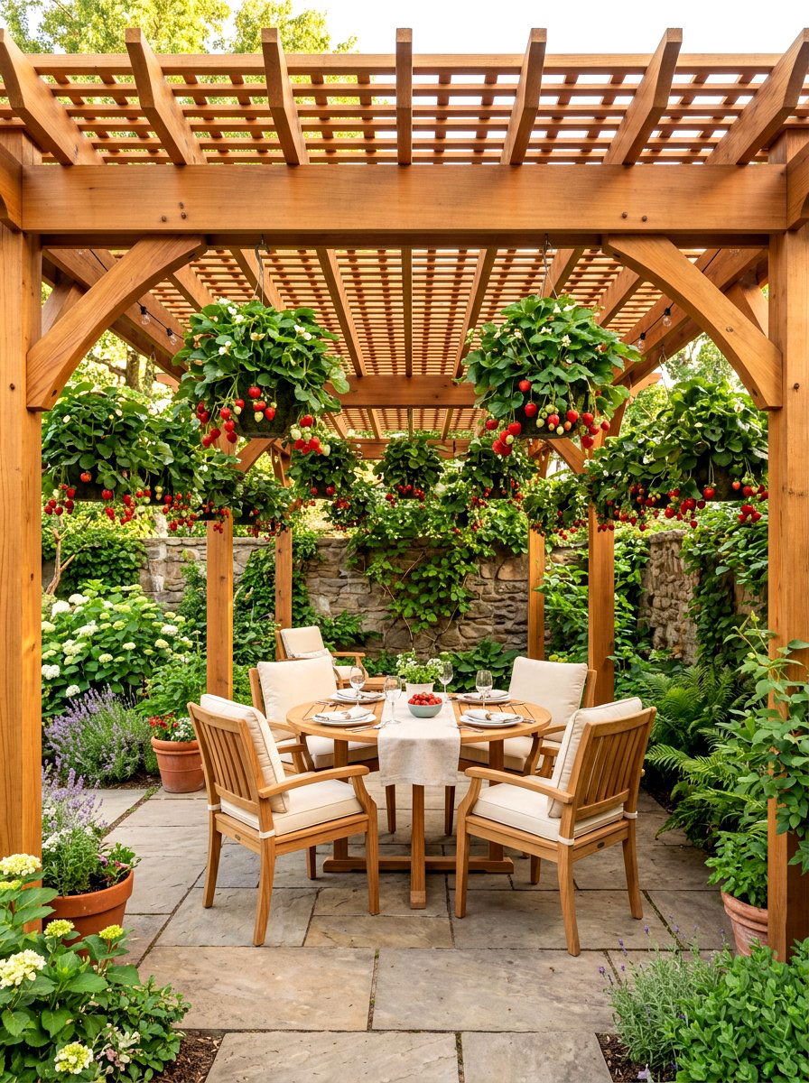 Shaded Pergola With Hanging Berries - 30 berry patch layout ideas