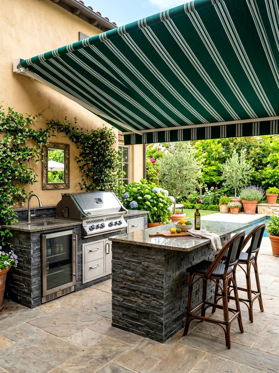 Shaded Striped Outdoor Kitchen Zone - 30 striped cabana backyard ideas