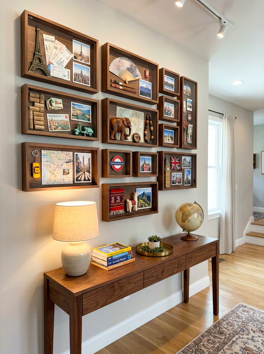 Shadow box memory wall - 30 salon wall entry ideas