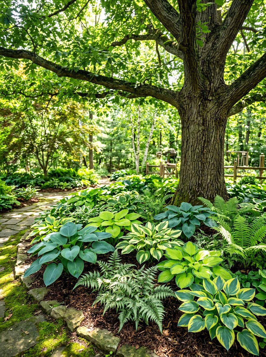 Shady Hostas Under Tree - 30 flower bed landscaping ideas