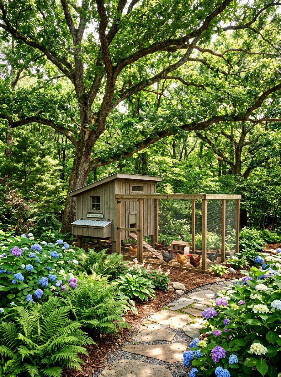 Shady chicken garden under trees - 30 backyard coop garden ideas
