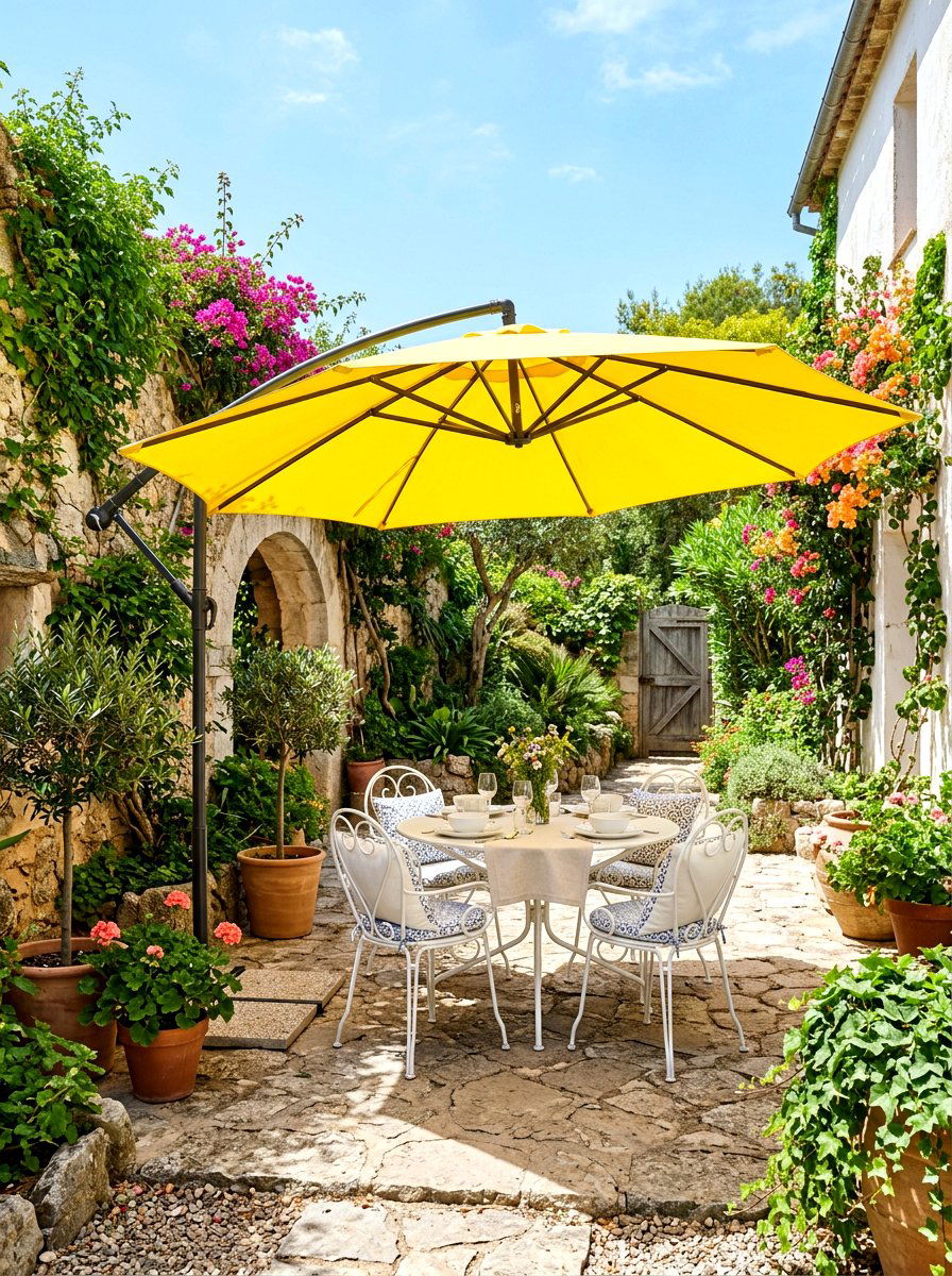 Shady courtyard umbrella spot - 30 small courtyard seating ideas