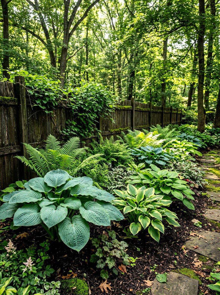 Shady fern and hosta border - 30 border planting ideas along fence