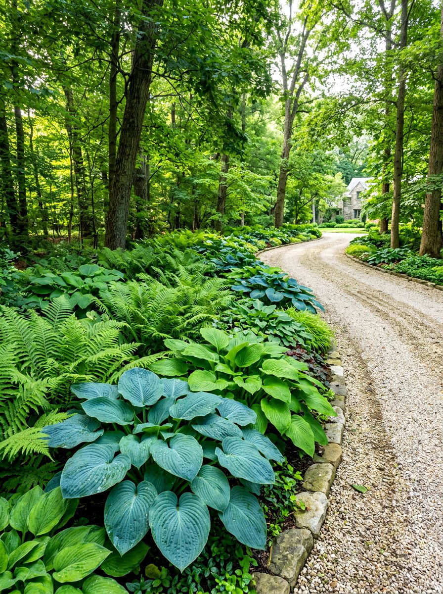 Shady hosta driveway border - 30 driveway side garden ideas