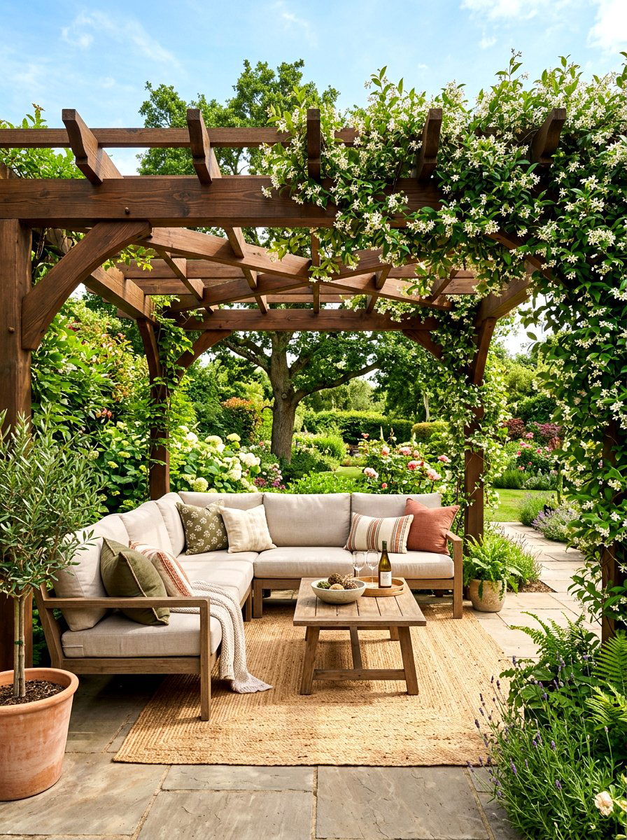Shady pergola lounge - 30 terrace lounge ideas aesthetic