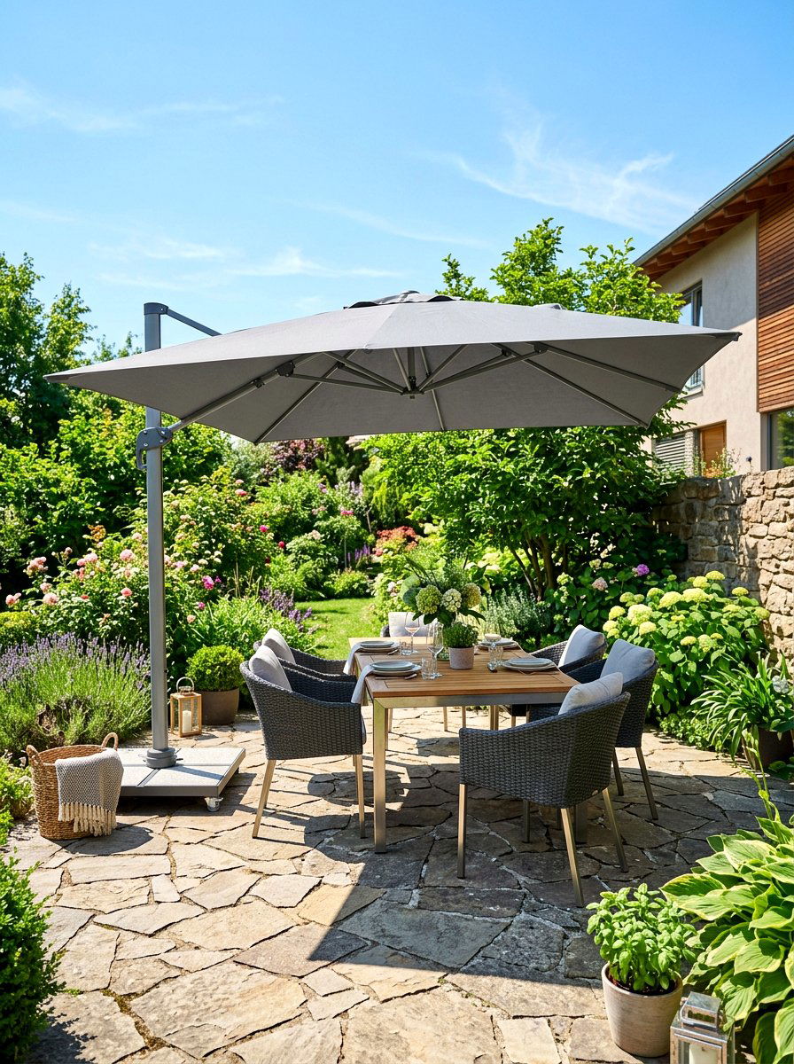 Shady umbrella seating area - 30 patio conversation area ideas
