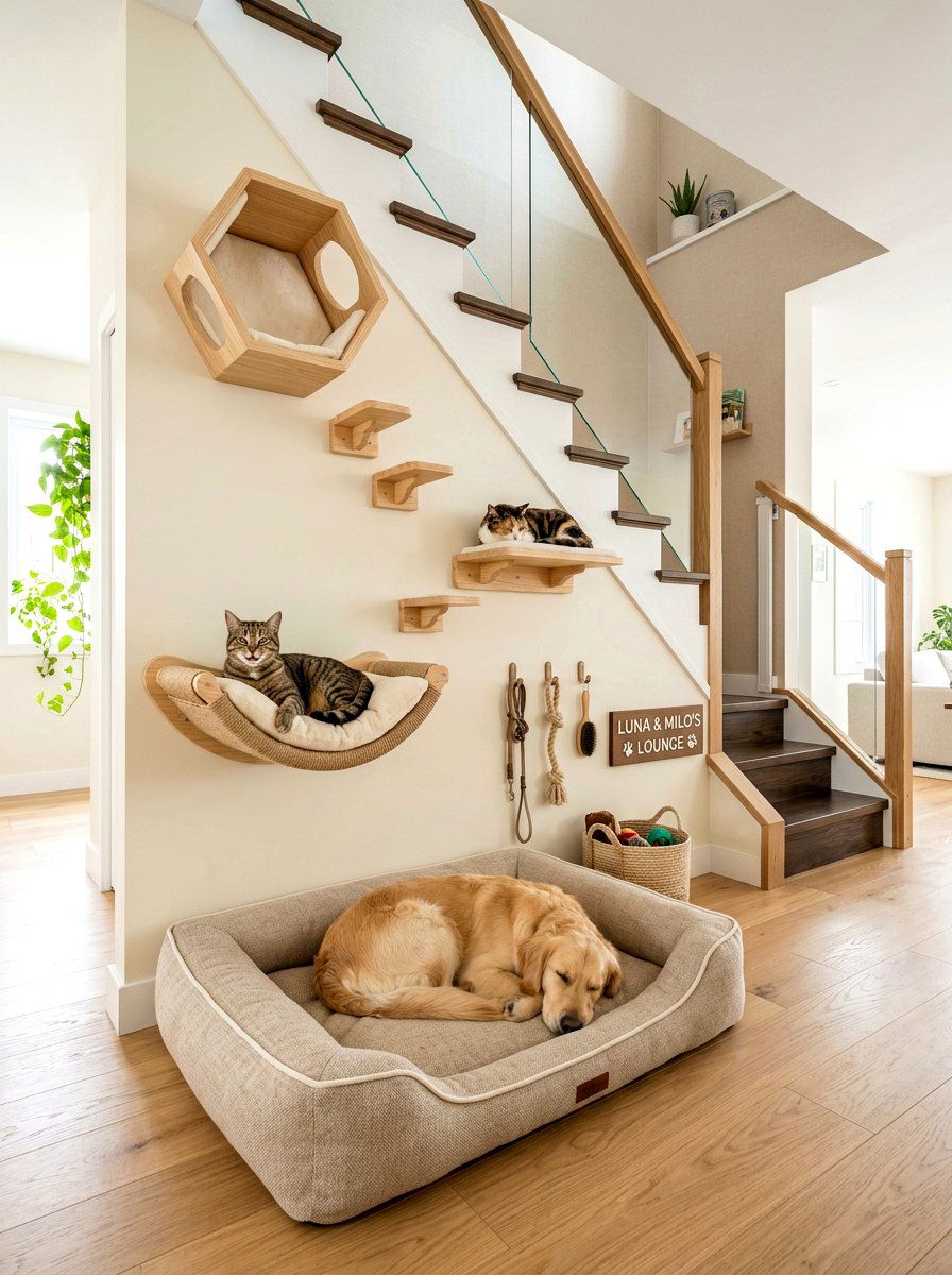 Shared Pet Lounge - 30 under staircase pet nook ideas