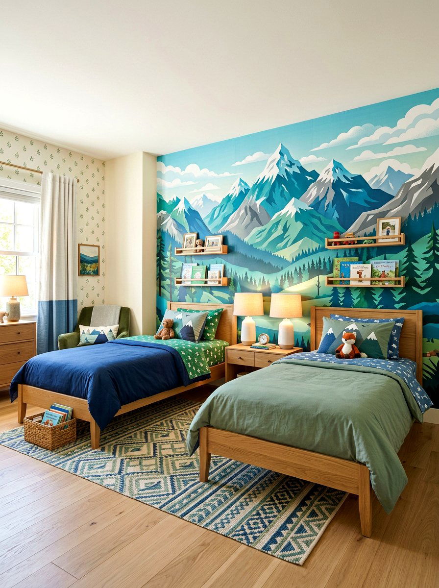 Shared kids room with wallpaper - 30 shared kids room ideas