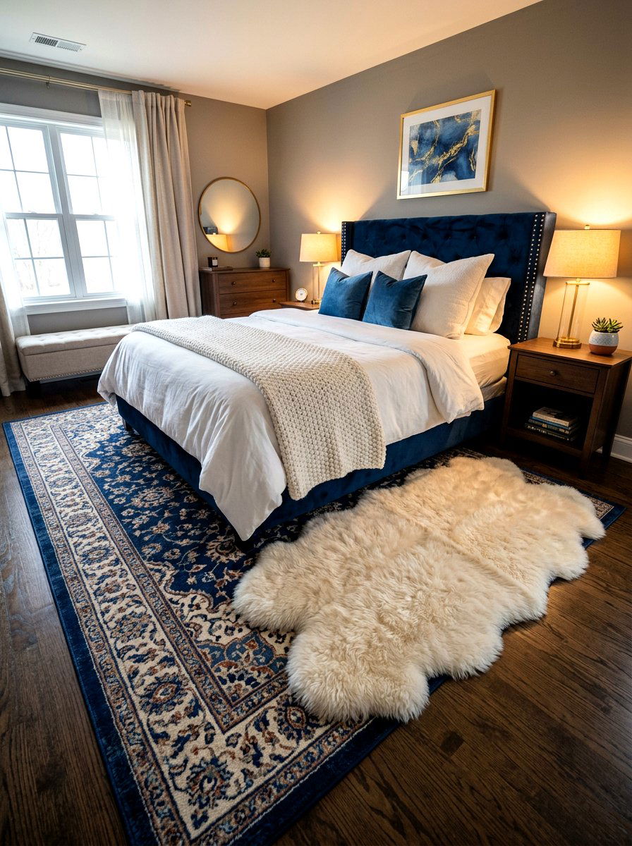 Sheepskin Over Patterned Rug - 30 layered rug ideas