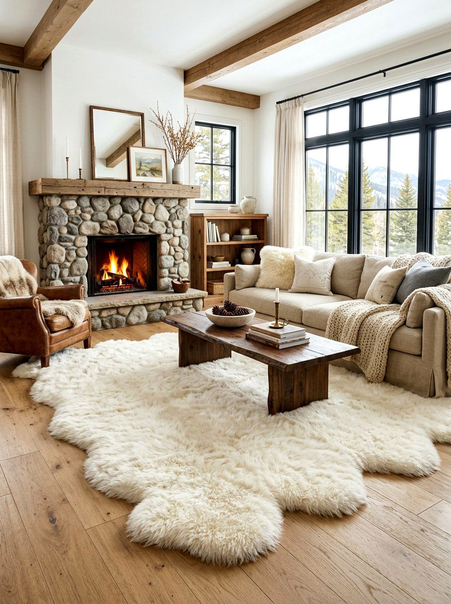Sheepskin Rug - 30 ski lodge holiday decor ideas
