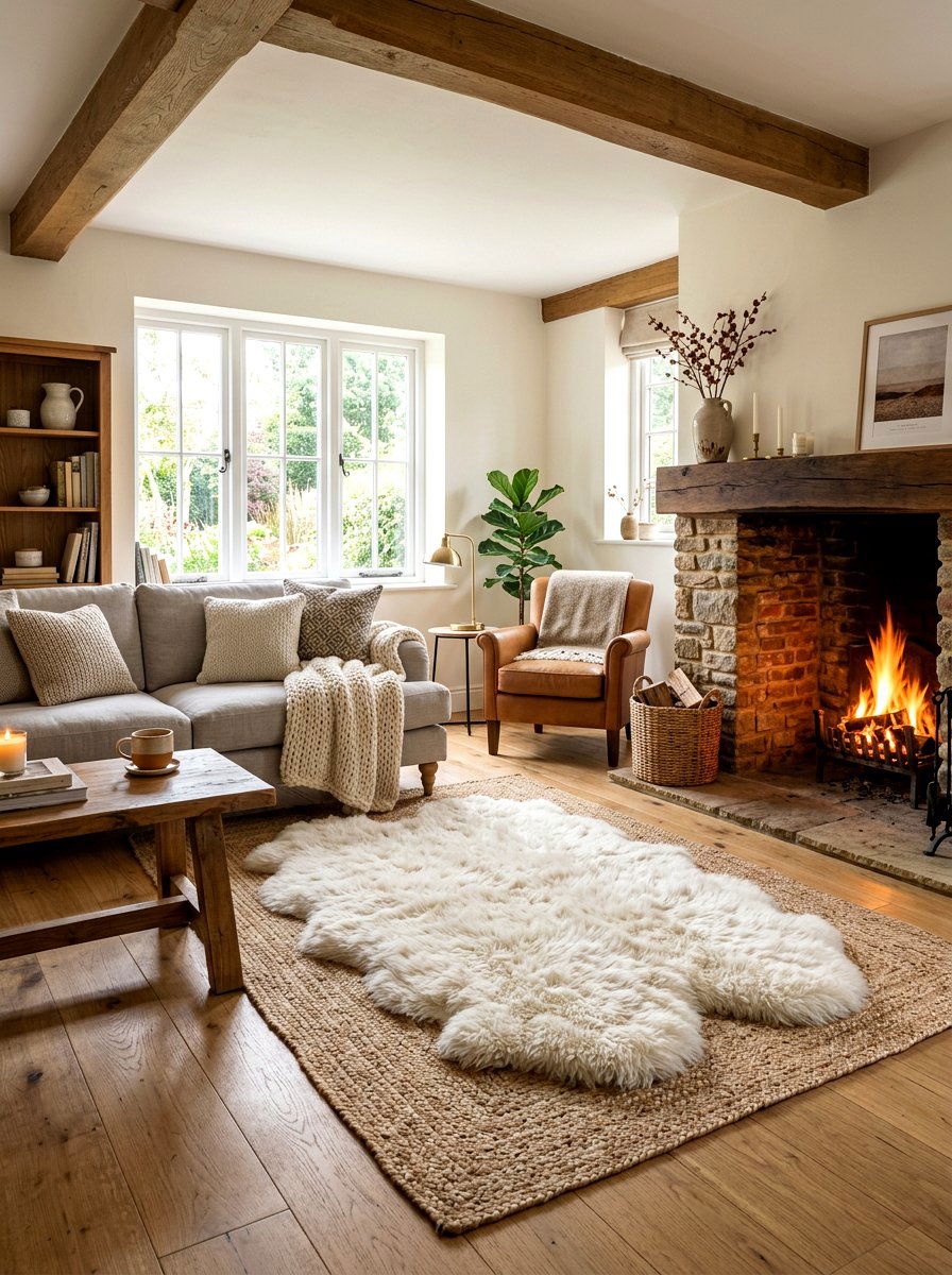Sheepskin Rug - 30 layered texture living room ideas