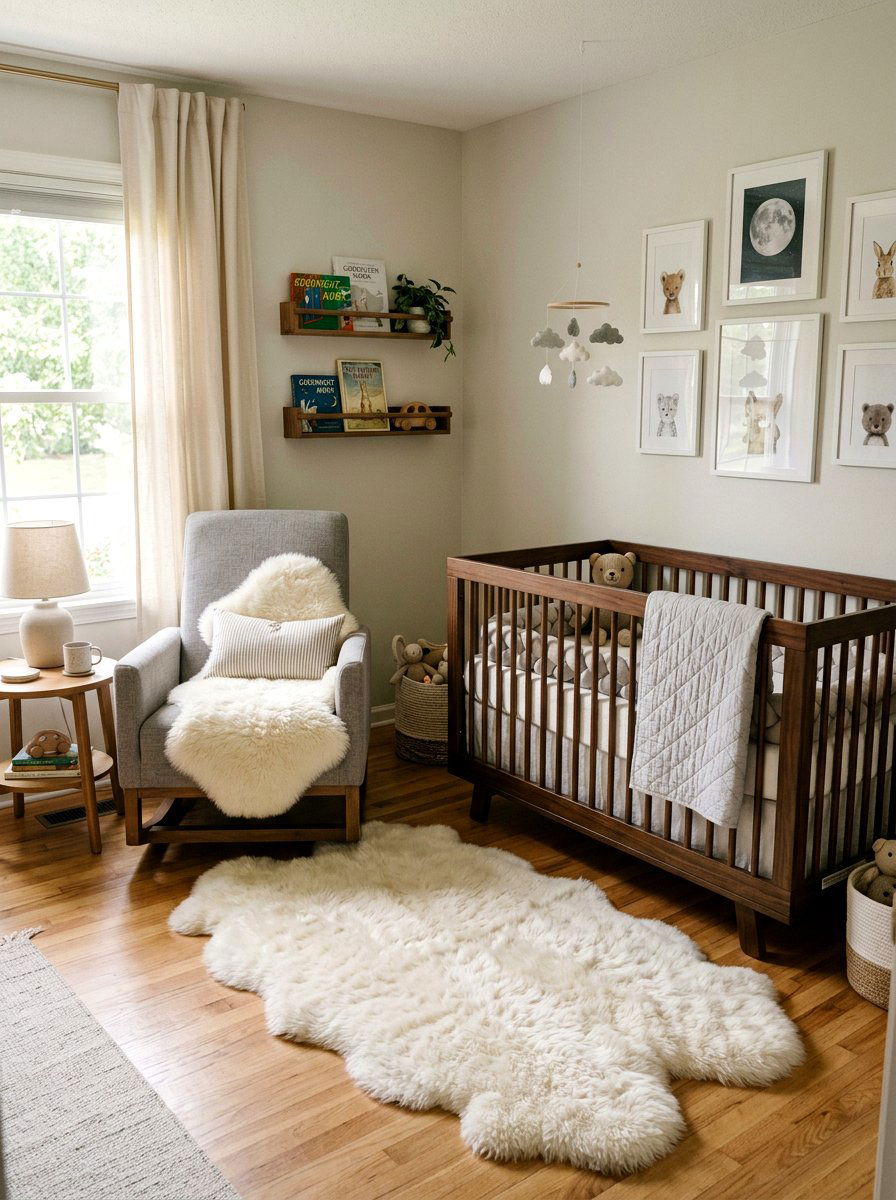 Sheepskin rug nursery - 30 soft traditional nursery ideas