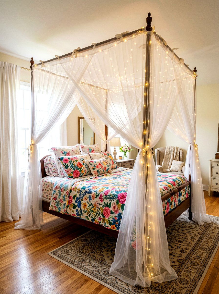 Sheer Bed Canopy - 30 flower market bedroom ideas