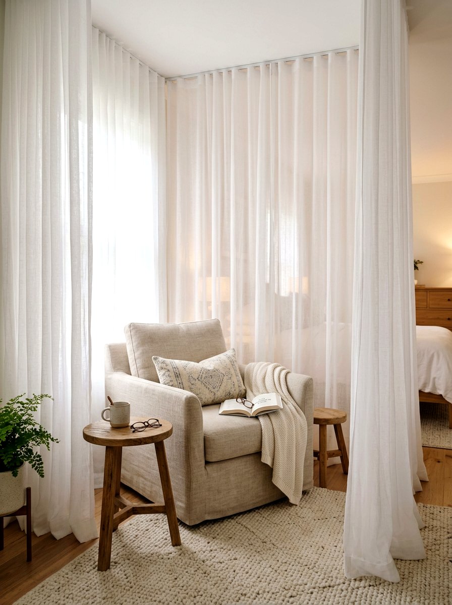 Sheer Curtains - 30 guest room reading corner ideas