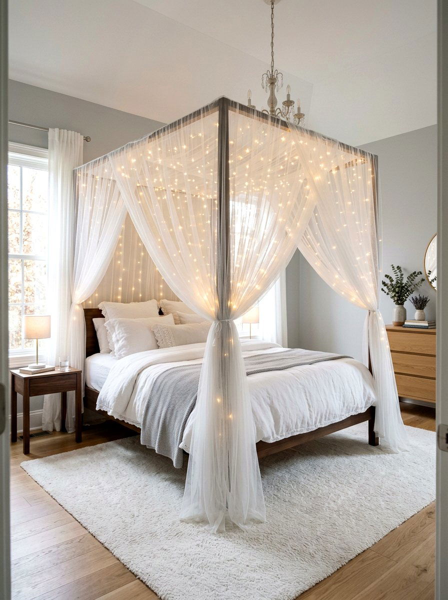 Sheer Fabric Bed Canopy Lights - 30 fairy light canopy ideas