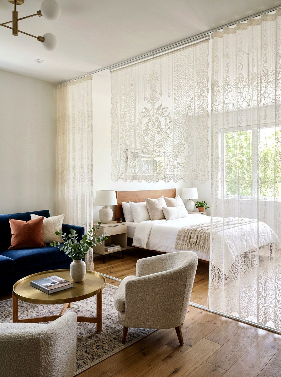 Sheer Lace Room Divider - 30 lace bedroom decor ideas