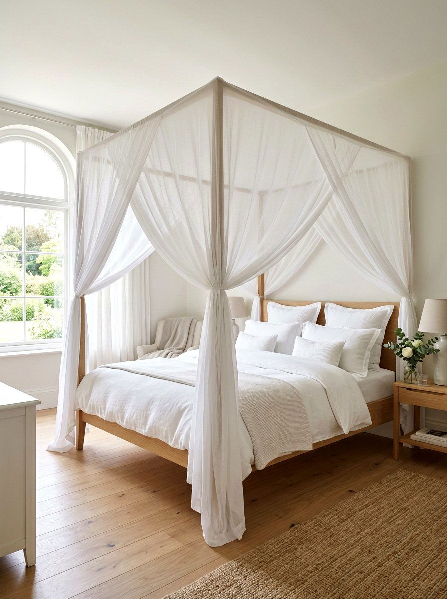Sheer White Bed Canopy - 30 spring bedroom glow up ideas