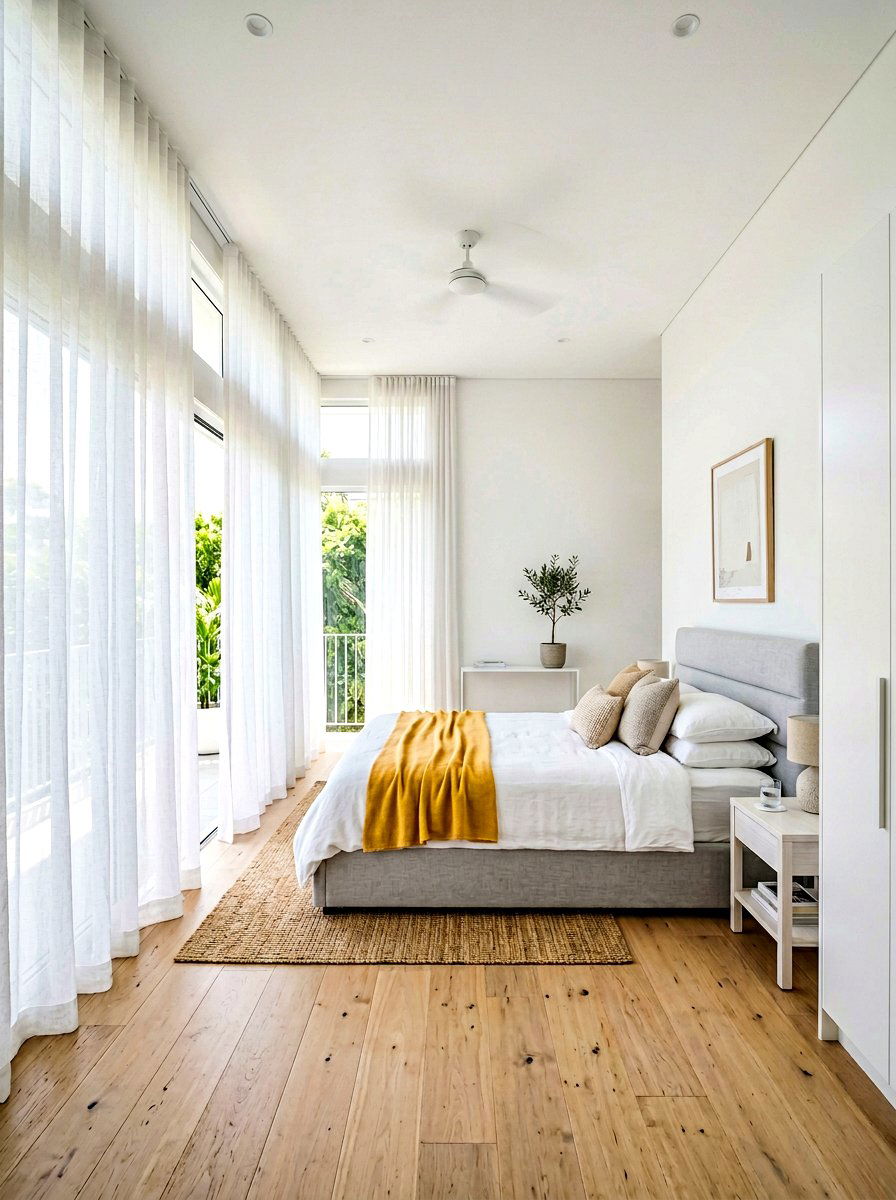 Sheer White Curtains - 30 sunrise inspired bedroom ideas
