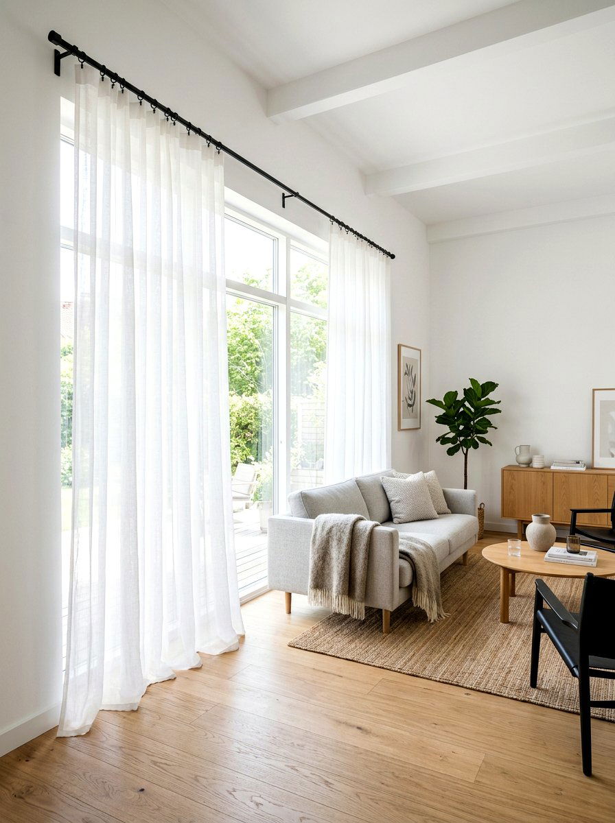 Sheer White Curtains With Black Hardware - 30 dramatic drapery living room ideas