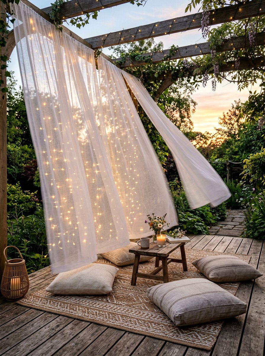 Sheer fabric curtain string light - 30 patio curtain string light ideas