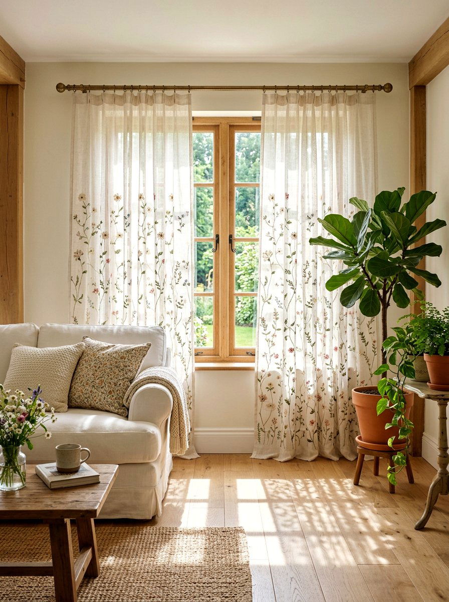 Sheer floral curtain - 30 spring refresh decor ideas