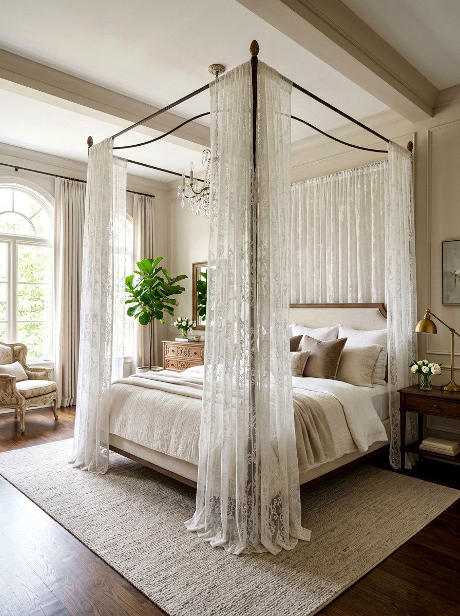 Sheer lace bed curtains - 30 cottage lace bedroom ideas