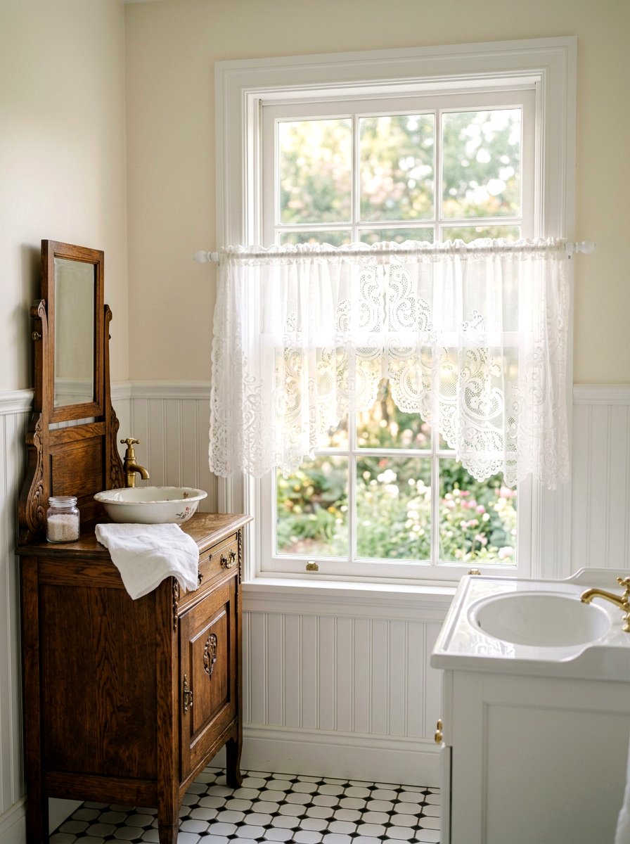 Sheer lace cafe curtain bathroom - 30 cafe curtain bathroom ideas