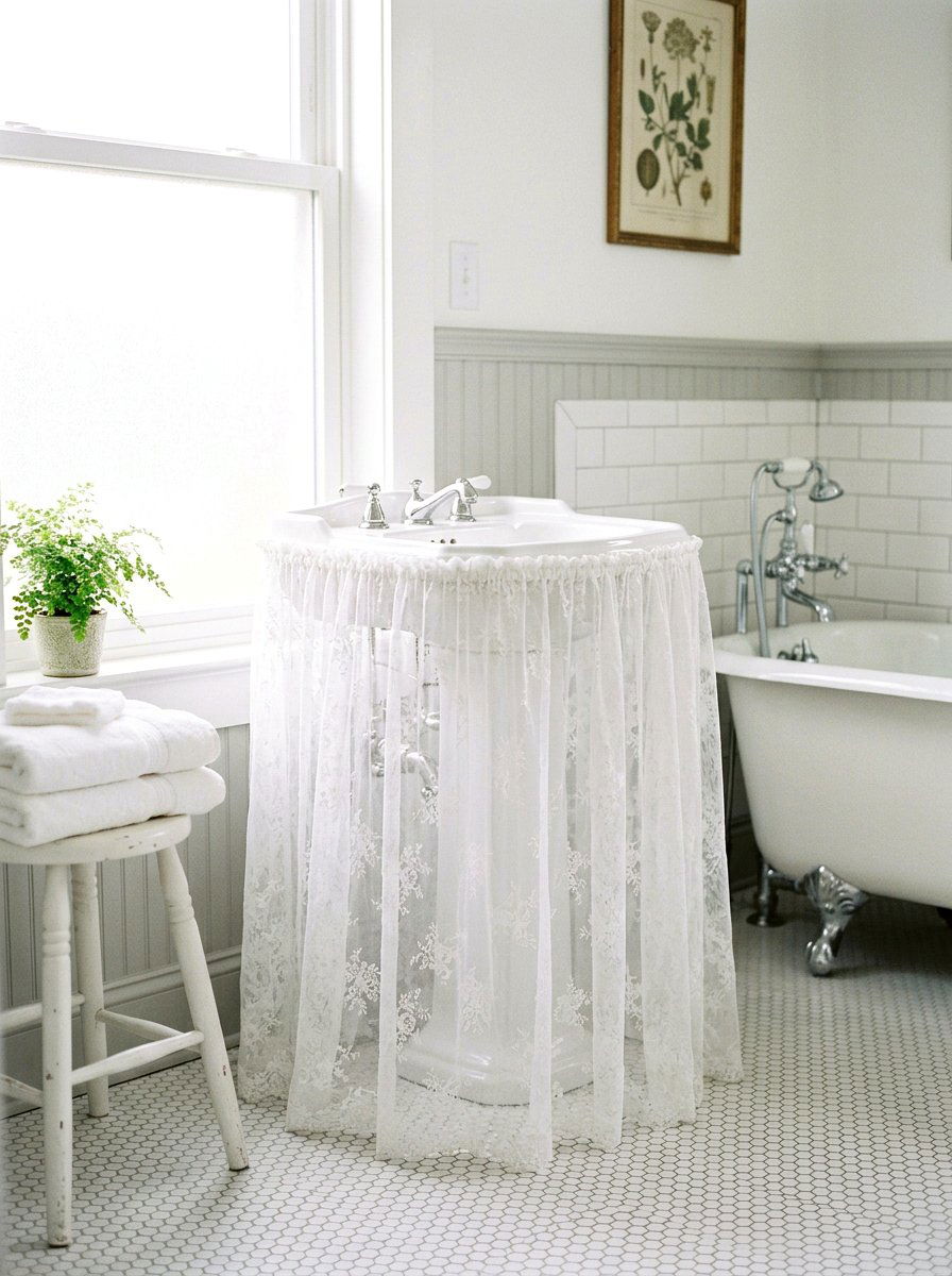 Sheer lace sink skirt - 30 skirted sink ideas