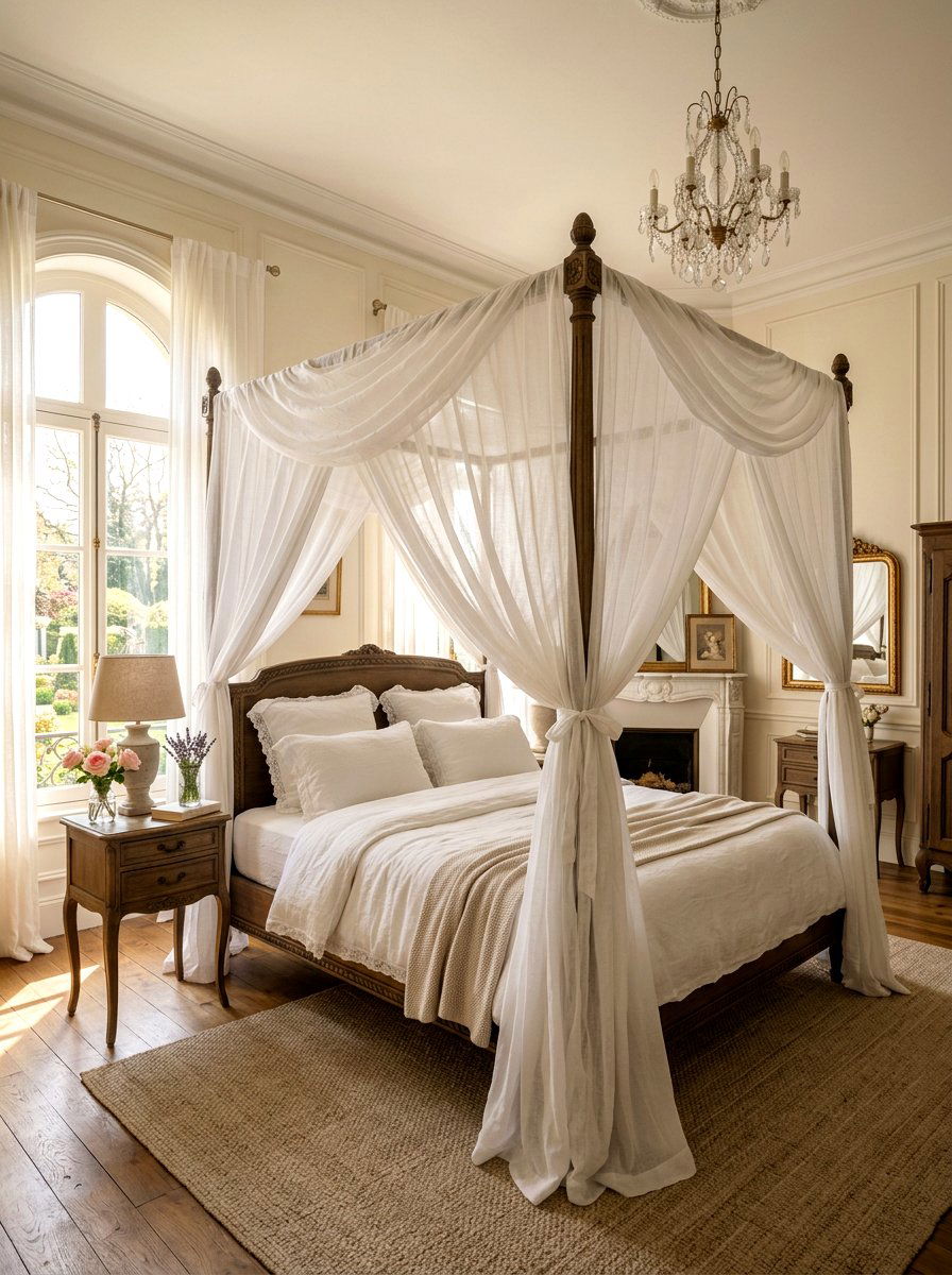Sheer white canopy bed - 30 Parisian hotel bedroom ideas