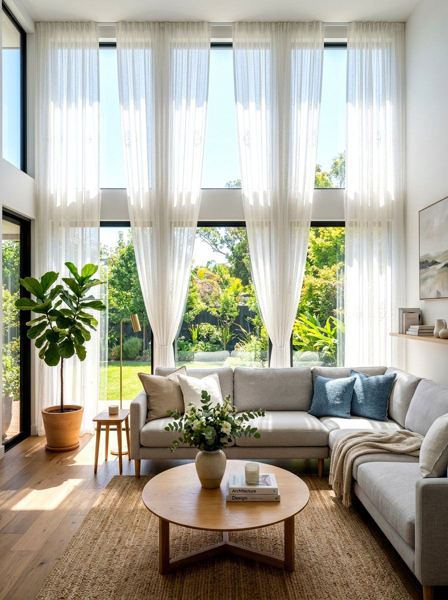 Sheer white curtains - 30 soft spring living room ideas
