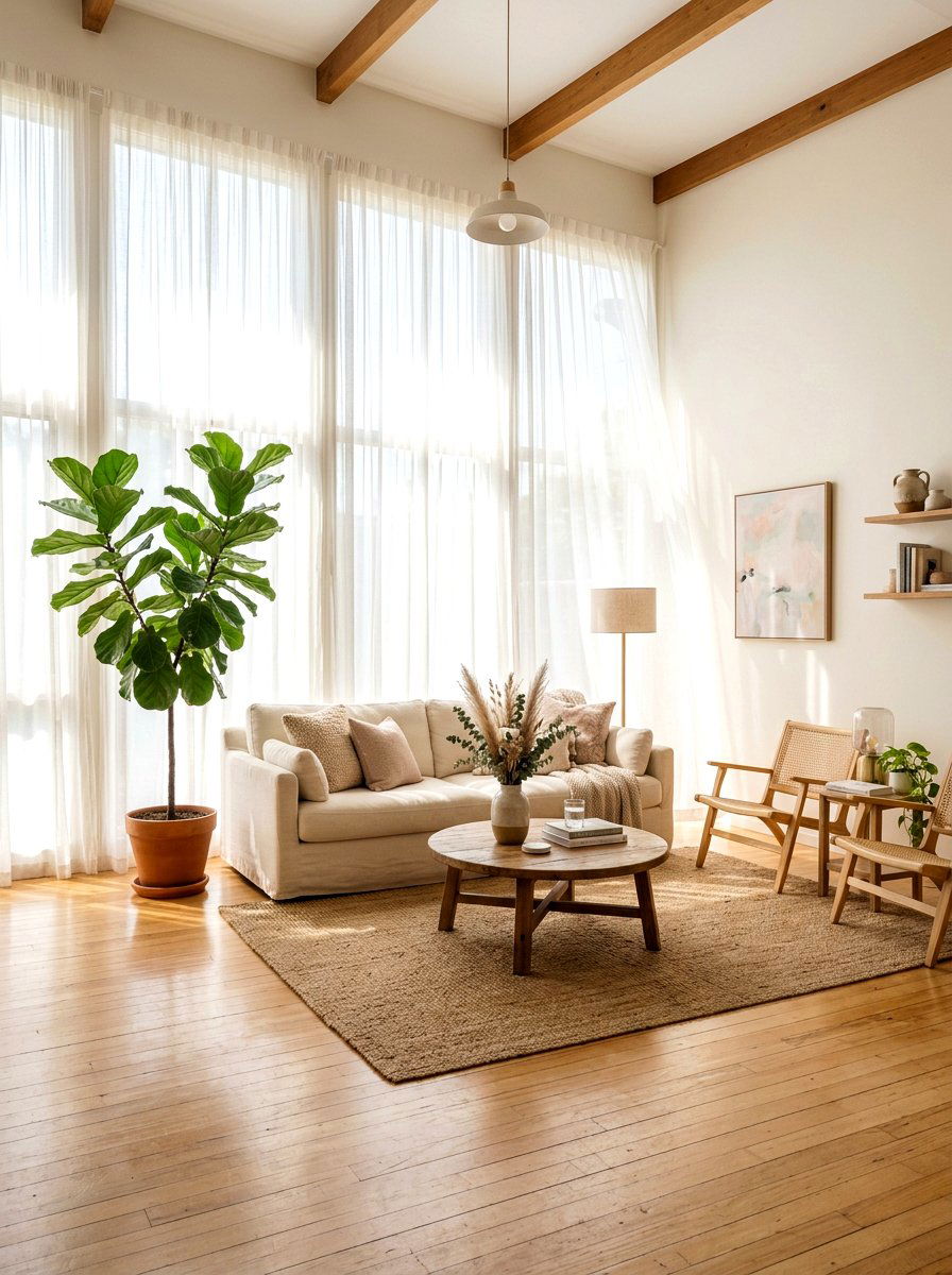 Sheer white curtains living room - 30 sun washed living room ideas