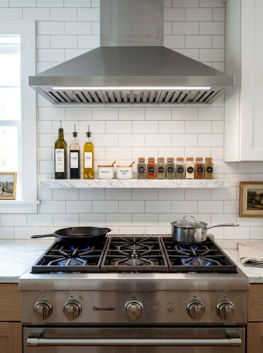 Shelf above stove - 30 tiny kitchen open shelf ideas