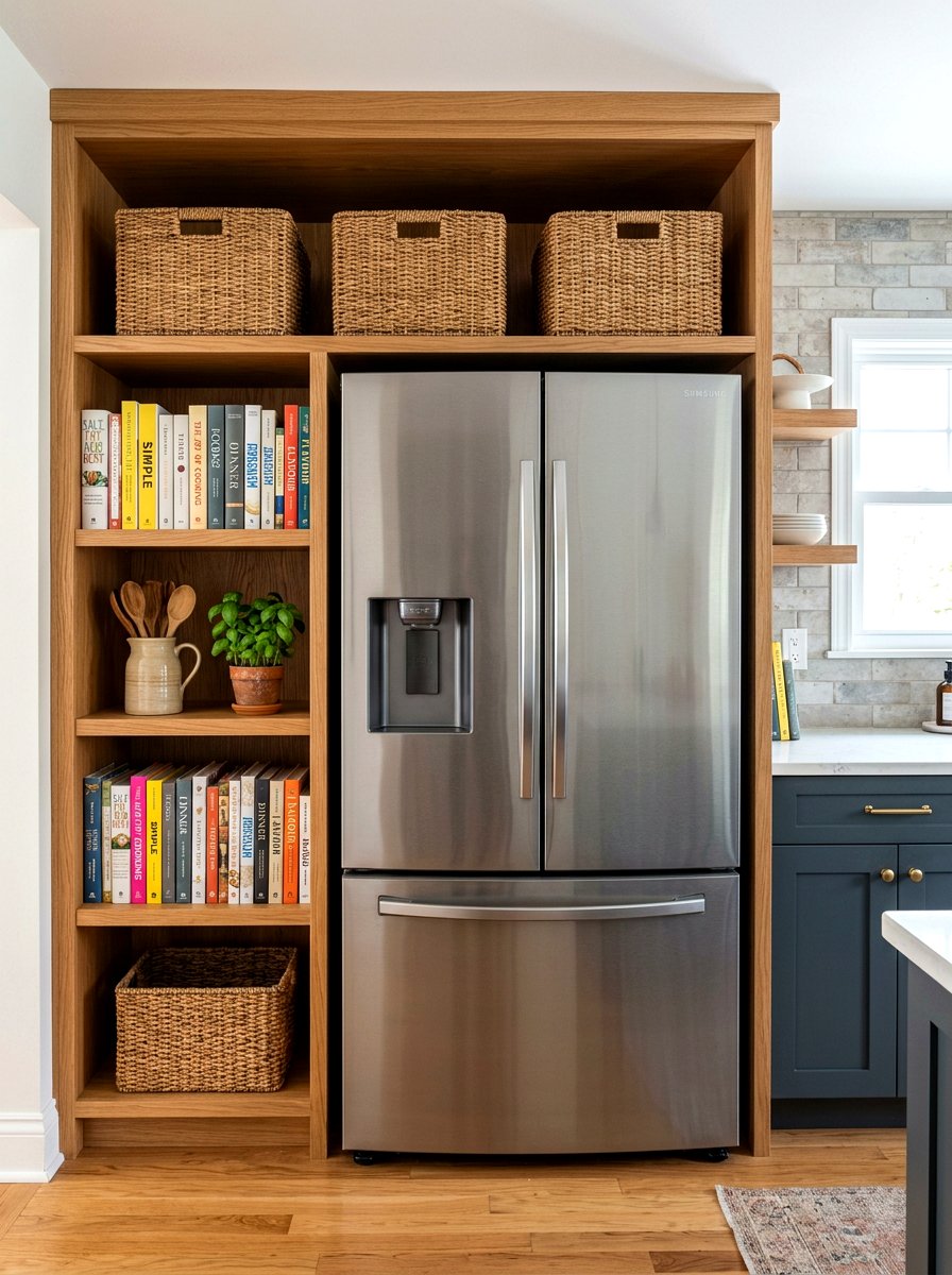 Shelf around refrigerator - 30 tiny kitchen open shelf ideas