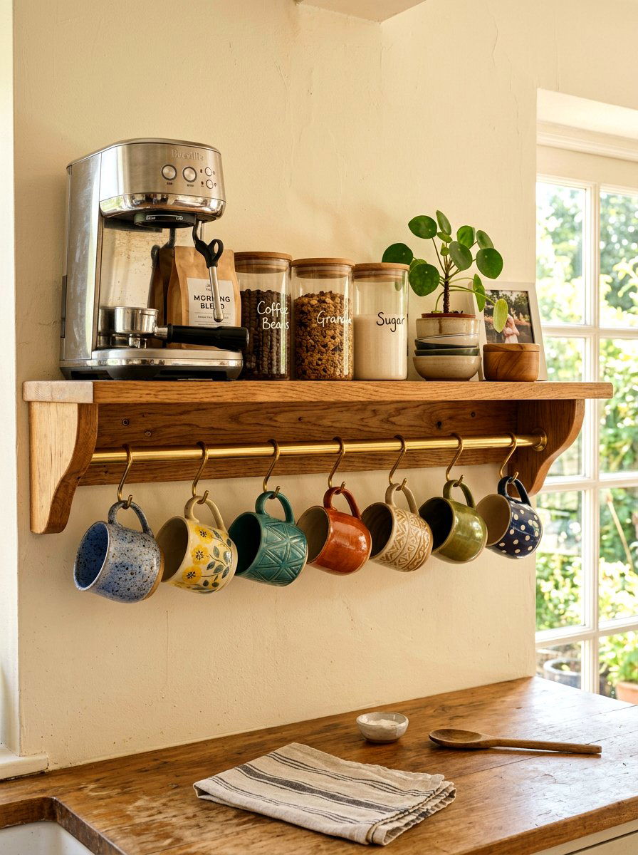Shelf with hanging hooks - 30 tiny kitchen open shelf ideas